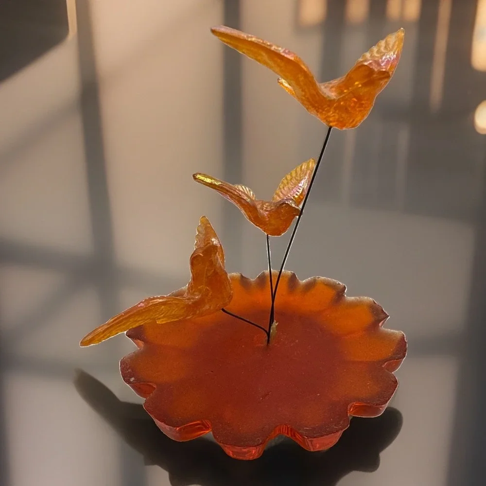 Vintage MCM Birds Over Bath Figurine Lucite Orange